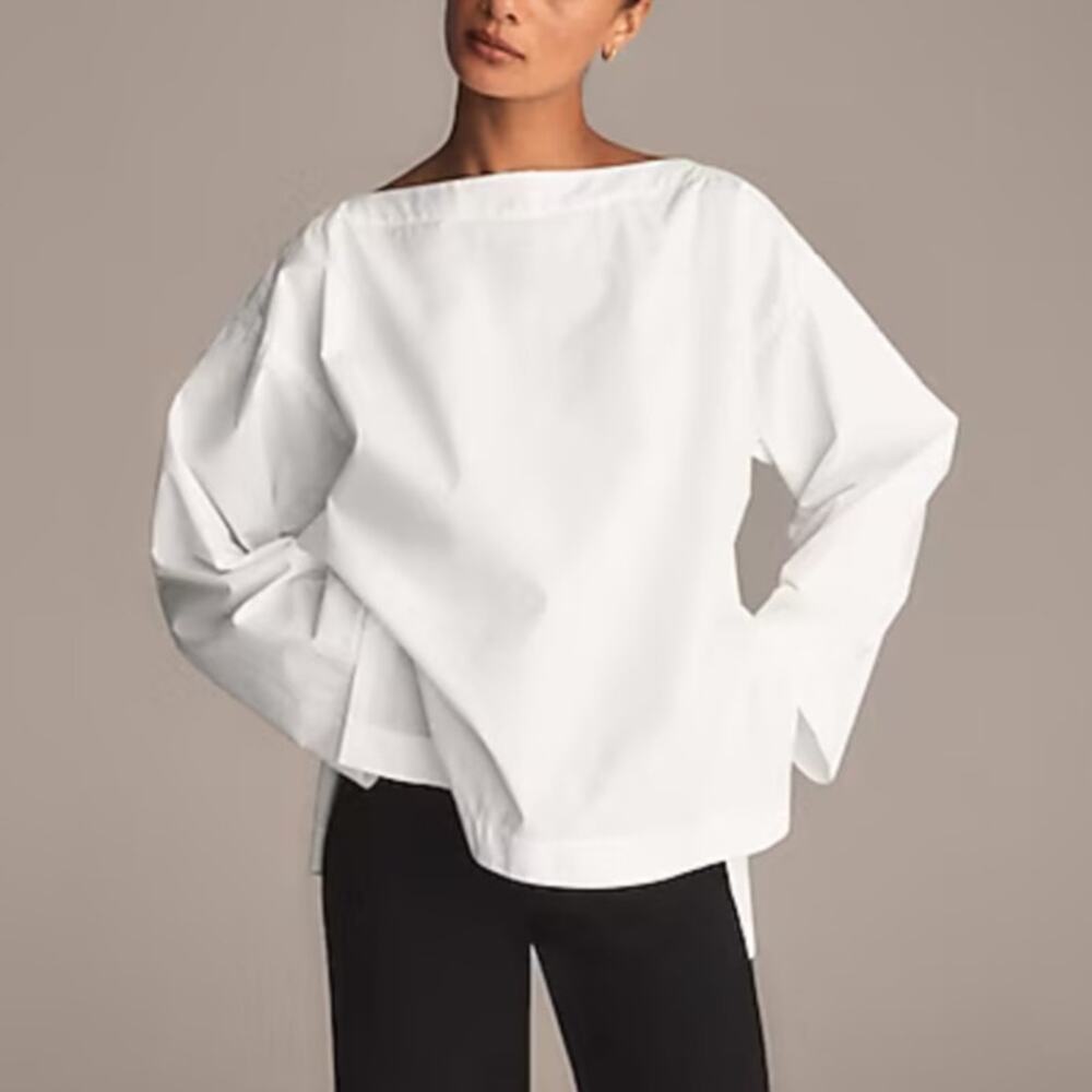 J.Crew Ciel Top Womens S White Cotton Poplin Long Sleeve Boat Neck Oversized Fit